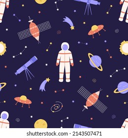 Seamless Pattern Cosmos doodle is a set of vector illustrations. Icons of space elements rocket cosmonaut stars satellite telescope comet
