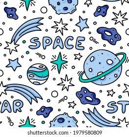 Seamless pattern with cosmos elements. Doodle vector illustration with stars, planets, comets, asteroids and handwritten words.