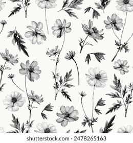 Seamless pattern with Cosmos flower. Meadow flower pointillism illustration. Dot art. Vector floral. Black on white