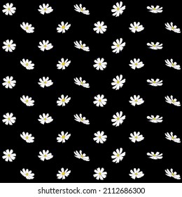 Patrón sin foco con el vector floral del cosmos ilustración simple aislado en el fondo negro. Versión coloreada dibujada a mano de esquema. Vector floral para tela infantil, diseño de verano.