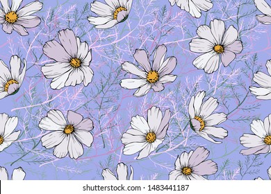 Seamless pattern with cosmos flower. White flowers on blue background. For textile, wallpapers, print, greeting. Vector.