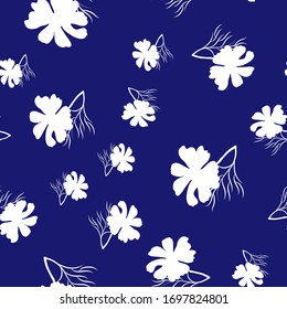Seamless pattern of cosmos flowers in the background in trendy color 2020 year classic blue. Vector hand drawn illustration.