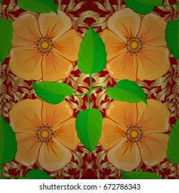 Seamless pattern with cosmos flowers. Cute vector background. Seamless abstract floral pattern on a red background. Graphic modern pattern. Geometric leaf ornament.