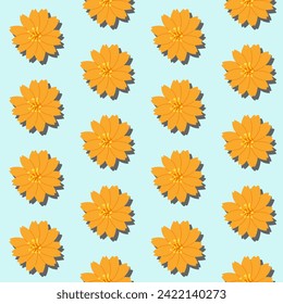 A seamless pattern of Cosmos on a blue background in a spring minimal floral concept, Vector