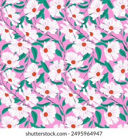 Seamless pattern Cosmos-flowers  leaf illustration doodle nature: for wallpapers, greeting cards, greeting cards. Floral vector illustration.