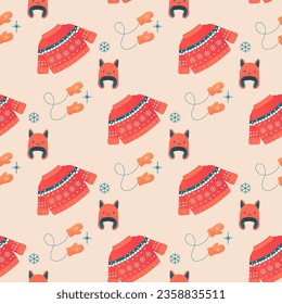 Seamless pattern cosy with winter accessories, jumper, hat, scarf, mugs. 