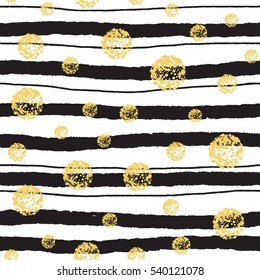 Seamless pattern with coteries, waves, hand painted black and gold colors, abstract. Stipplism style vector. White background