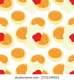 Padrão contínuo de panquecas de queijo cottage com leite condensado e cobertura de geleia.