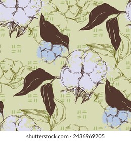 Seamless pattern cotton blossom flowers, endless texture, ink sketch art. Vector illustration for wedding invitations, wallpaper, textile, wrapping paper