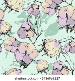 Flores de algodón sin costura del patrón, textura sin fin, arte del boceto de la tinta. ilustración vectorial para invitaciones de boda, papel pintado, textil, papel de embalaje