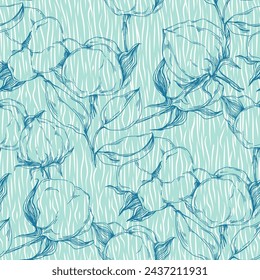 Seamless pattern cotton blossom flowers, endless texture, ink sketch art. Vector illustration for wedding invitations, wallpaper, textile, wrapping paper