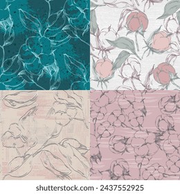 Nahtloses Muster Baumwolle Blüten Blüten, endlose Textur, Tinte Skizze Kunst. Vektor-Illustration für Hochzeit Einladungen, Tapete, Textil, Wrapping Paper