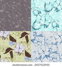 Seamless pattern cotton blossom flowers, endless texture, ink sketch art. Vector illustration for wedding invitations, wallpaper, textile, wrapping paper