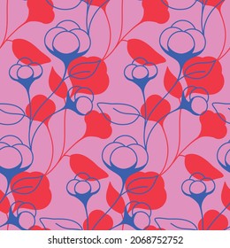 Seamless pattern cotton boll on a stalk pink blue red color. Floral organic natural pattern for design