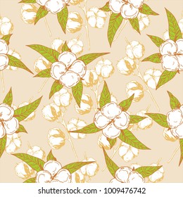 Seamless pattern with cotton bolls and branches.hand-drawn in retro style. vector illustration. Agriculture. natural production. cotton production.