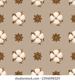 Seamless pattern with cotton bolls and star anise. Monochrome pattern in beige tones. Vector illustration.