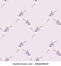 seamless pattern with cotton. branch with flowers. print for fabric. wrapping paper design. wallpaper. retro. 60s style. pastel colors. pink. vecto eps 10