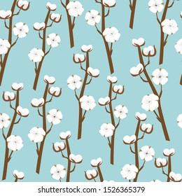 Seamless pattern with cotton branches. Delicate blue floral vector background.