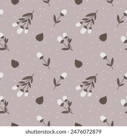 Seamless pattern, cotton branches on a beige background. Background, textile, vector