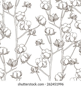 Seamless pattern with cotton branches. Vector vintage background.