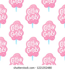 Seamless pattern with Cotton candy on stick. Text logo lettering for dessert for girls and kids. Hand drawn vector illustration for your design. Print poster, stickers, tee, shirt. Pastel Pink color.