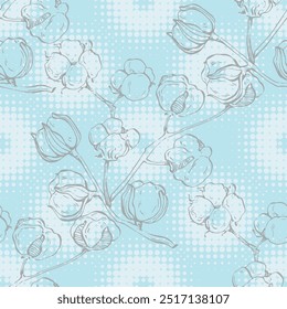 Padrão sem costura com algodão. Fundo desenhado à mão estilo de esboço de cor. Ilustração detalhada, desenhada à mão. Ótimo para tecido e têxtil, estampas, convite, embalagem.
