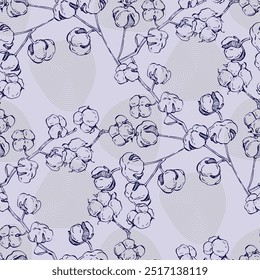 Padrão sem costura com algodão. Fundo desenhado à mão estilo de esboço de cor. Ilustração detalhada, desenhada à mão. Ótimo para tecido e têxtil, estampas, convite, embalagem.