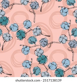 Seamless Pattern with cotton. Color sketch style hand drawn background. Detailed illustration, hand drawn. Great for fabric and textile, prints, invitation, packaging.