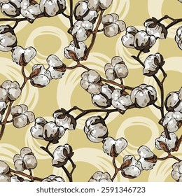 Seamless Pattern with cotton. Color sketch style hand drawn background. Detailed illustration, hand drawn. Great for fabric and textile, prints, invitation, packaging, or any desired idea.