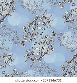 Seamless Pattern with cotton. Color sketch style hand drawn background. Detailed illustration, hand drawn. Great for fabric and textile, prints, invitation, packaging, or any desired idea.