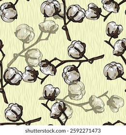Seamless Pattern with cotton. Color sketch style hand drawn background. Detailed illustration, hand drawn. Great for fabric and textile, prints, invitation, packaging, or any desired idea.