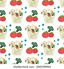 Seamless pattern of cotton eco shopping net with vegetables, fruits and healthy drinks. Dairy food in reusable eco friendly shopper bag. Zero waste. Flat trendy design