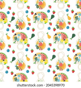 Seamless pattern of cotton eco shopping net with vegetables, fruits and healthy drinks. Dairy food in reusable eco friendly shopper bag. Zero waste. Flat trendy design