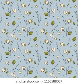 Seamless pattern with cotton flower. Botanical vector illustration