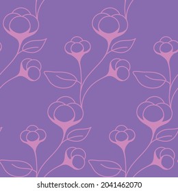 Seamless pattern with cotton flower on a twig with leaves, lilac pink color. Floral organic natural pattern for design
