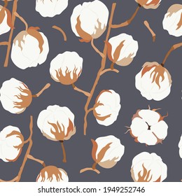 Seamless pattern with cotton flowers. Beige and navy colors. For prints, backgrounds, wrapping paper, textile, wallpaper, etc.