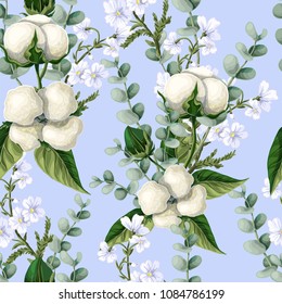 Seamless pattern with  cotton flowers, eucalyptus branches on a blue background. Vector illustration