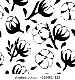  Seamless pattern with cotton flowers and leaves. Cotton balls, cotton fiber vector illustration. Perfect for wrapping paper or fabric.