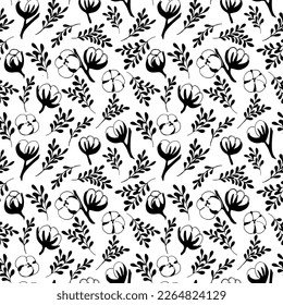 Seamless pattern with cotton flowers and leaves. Cotton balls, cotton fiber vector illustration. Perfect for wrapping paper or fabric.