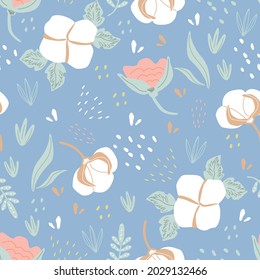 Seamless pattern with cotton and flowers on a blue background background. Vector illustration for printing, on fabric, packaging paper, clothing. Cute children's background