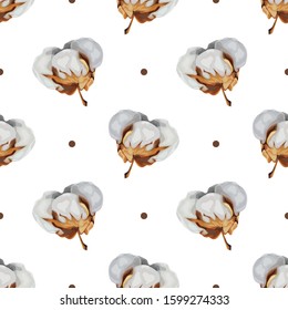 Seamless pattern with cotton flowers. Organic cotton.  Wallpaper, print, packaging, paper, textile design. Vector illustration.