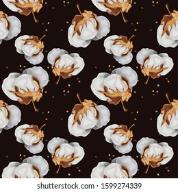 Seamless pattern with cotton flowers. Organic cotton.  Wallpaper, print, packaging, paper, textile design. Vector illustration.