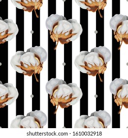 Seamless pattern with cotton flowers. Organic cotton.  Wallpaper, print, packaging, paper, textile design. Vector illustration.