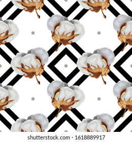 Seamless pattern with cotton flowers. Organic cotton. Wallpaper, print, wrapping paper, modern textile design, banner, poster. Vector illustration.
