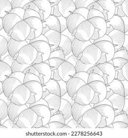 Seamless pattern with cotton flowers in vintage style. Cotton flowers texture on white background. Black and white vector illustration