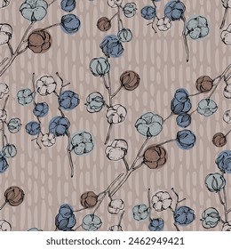 Seamless pattern with cotton. Patterns with flower plant. Cotton pattern for the print. Vector illustration