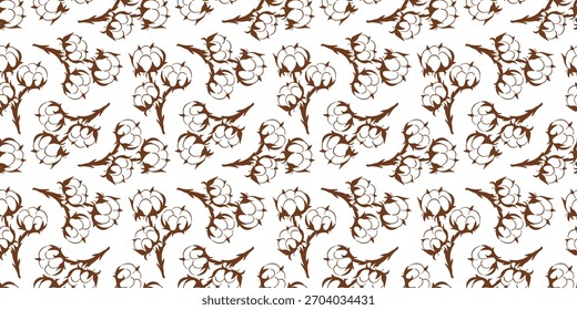 Seamless pattern with cotton plant in line art style. Design for textile and bed linen.