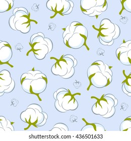 Seamless Pattern With Cotton Plant On Blue Background
