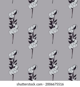 seamless pattern cotton plant. print for fabric, wrapping paper. simple design.   Branch with flowers. hand drawn . botanical illustration. vector eps 10.