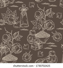 Seamless pattern with cotton, cotton plant, soap and bath salt . Cosmetic and medical plant. Vector hand drawn illustration. 